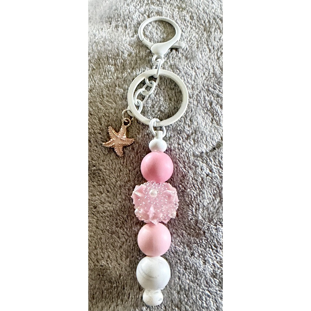 Silicone Focal Beadable Keychain- Pink Starfish with starfish charm